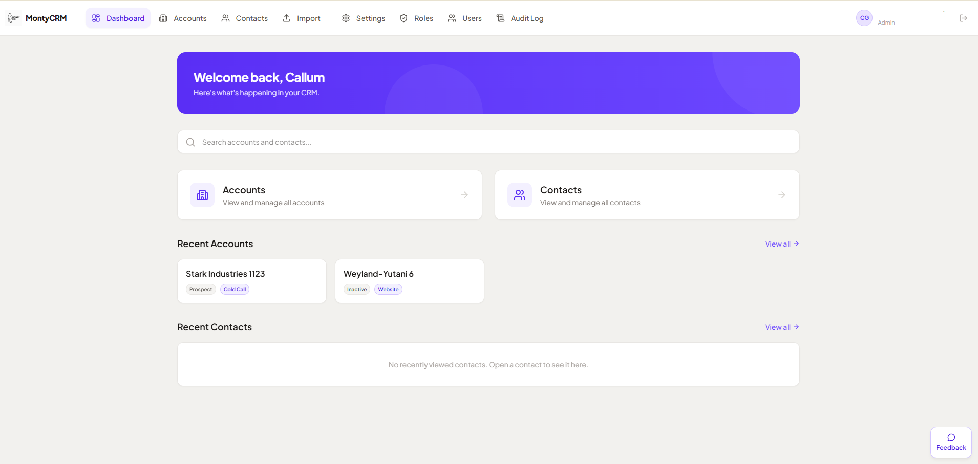 The MontyCRM dashboard, showing a sales pipeline with deals arranged in columns by stage